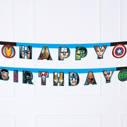 A Marvel Avengers-themed birthday banner with a "Happy Birthday" phrase