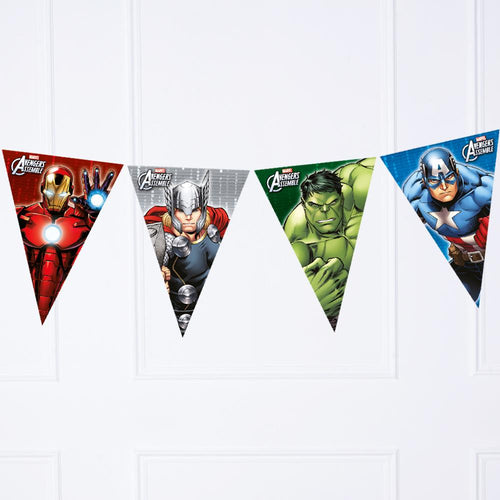 A Marvel Avengers themed party bunting with superhero pennants