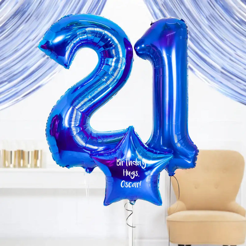 21st Birthday Balloons - Personalised Inflated Balloon Bouquet Blue Personalised Balloons
