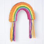 A large, colourful rainbow party pinata with tassel streamers