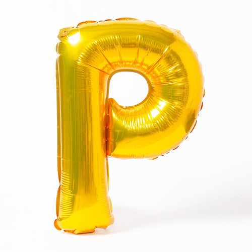 A shiny metallic gold letter "P" balloon