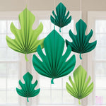 6 palm leaf-shaped decorations hanging from a party room ceiling