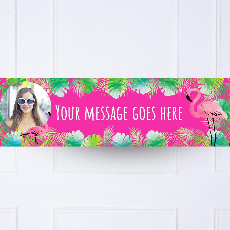 Pink Palm Leaf Flamingo Personalised Party Banner