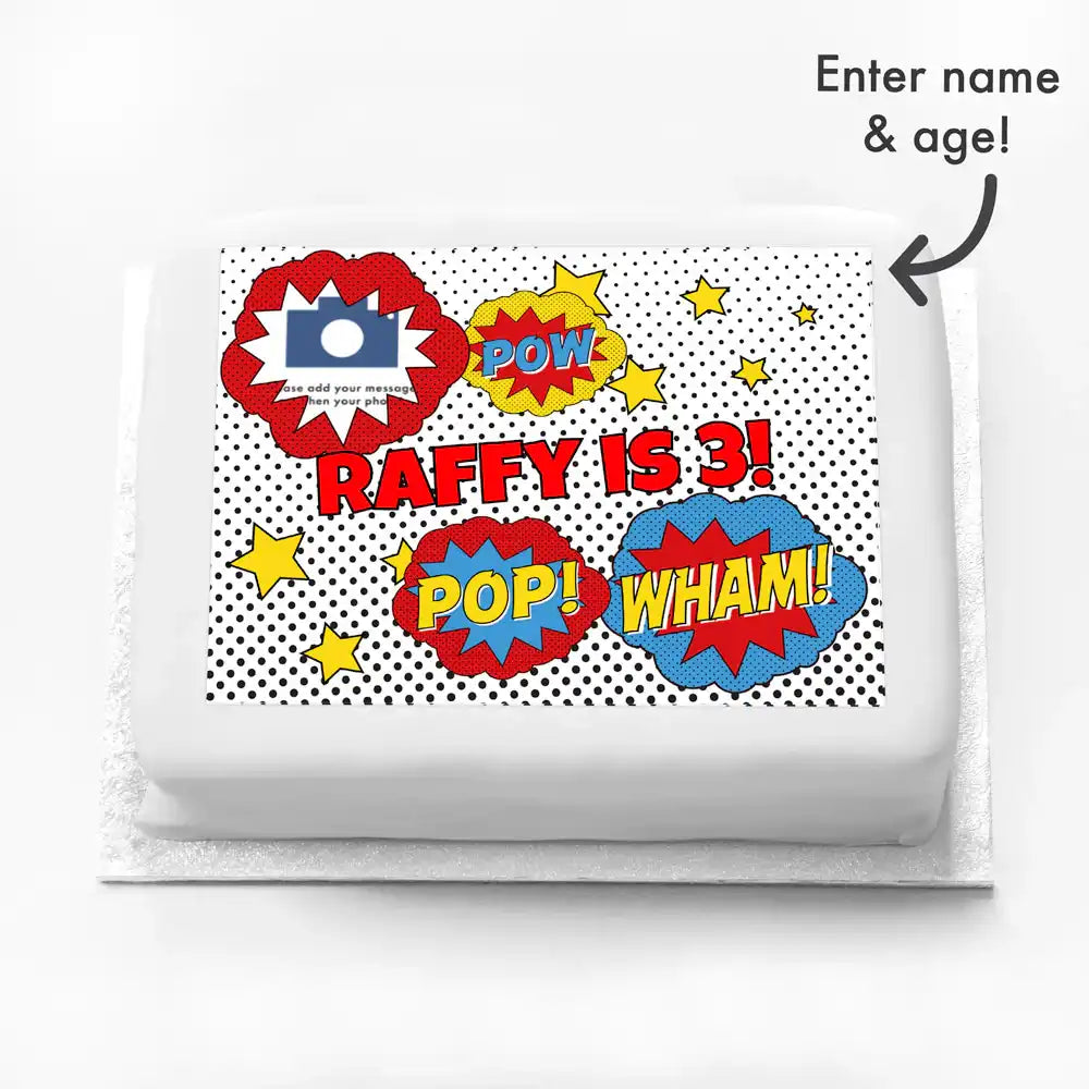 Personalised Photo Cake - Pop Art Superhero Photo & Message Personalised Cake