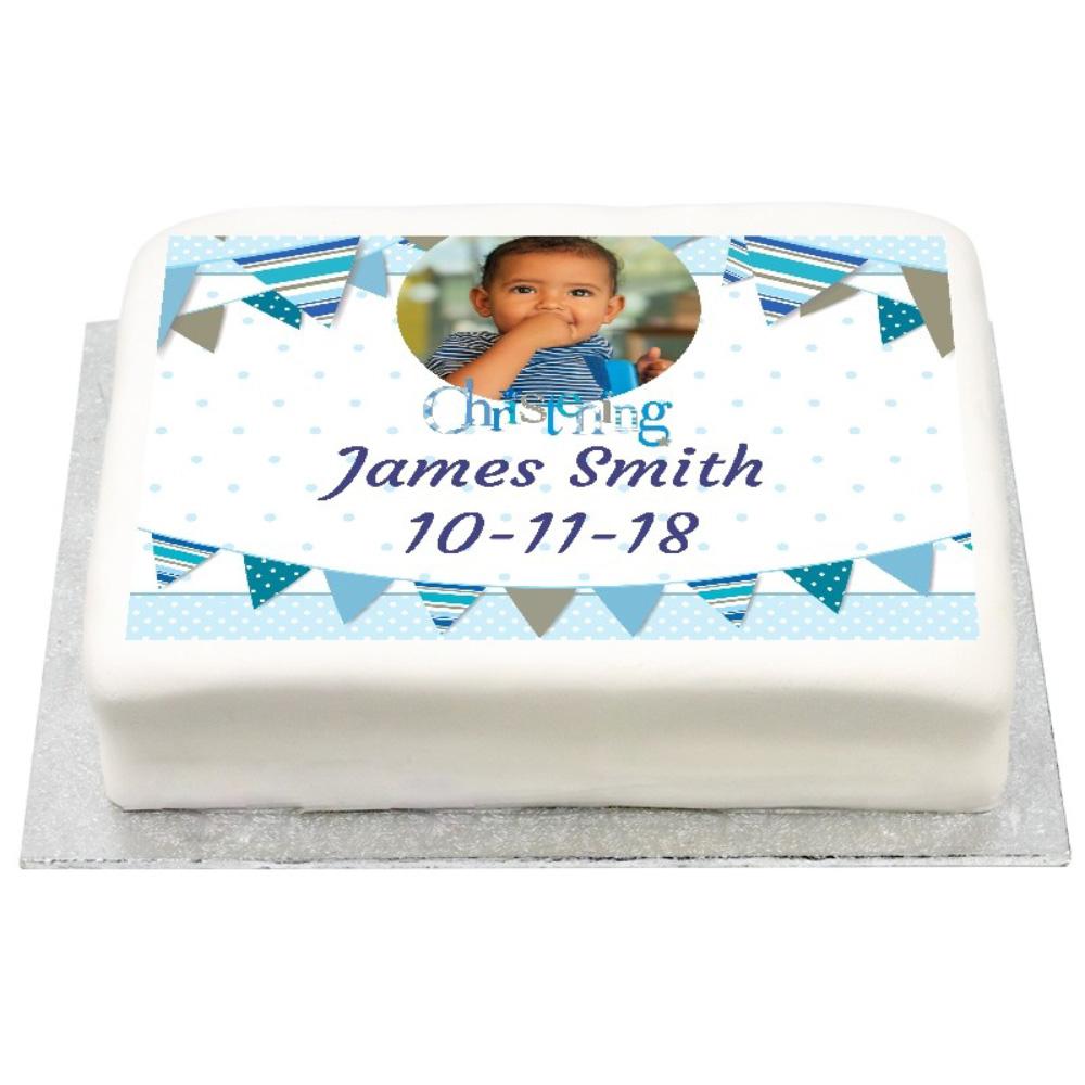 Personalised Photo Cake - Blue Bunting Christening Yes Personalised Cake