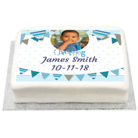 Personalised Photo Cake - Blue Bunting Christening Yes Personalised Cake