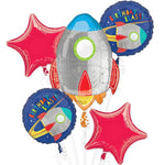 5 space-themed party balloons attached to balloon ribbons