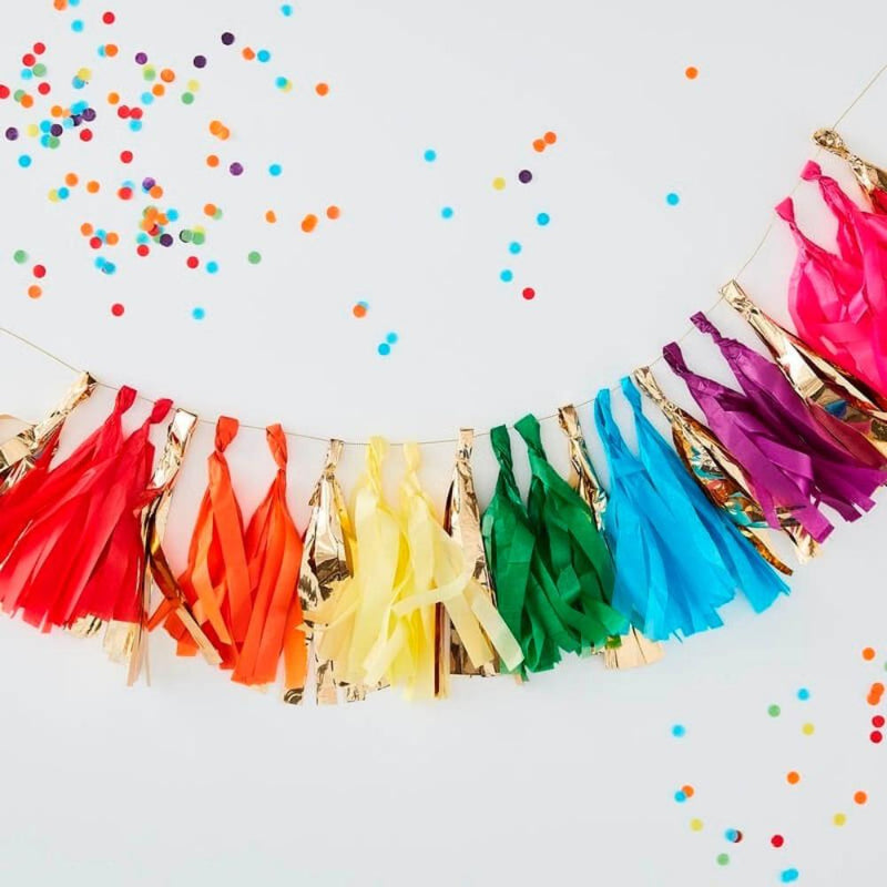 A party tassel garland with colours matching a rainbow
