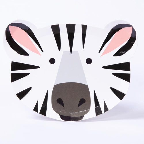 A paper party plate in the shape and style of a happy zebra