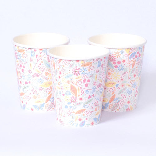 3 princess-themed party cups featuring floral patterns