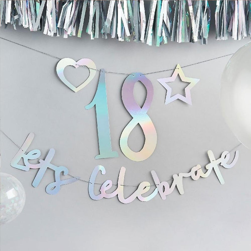 An iridescent party banner featuring a let's celebrate phrase and a customisable number