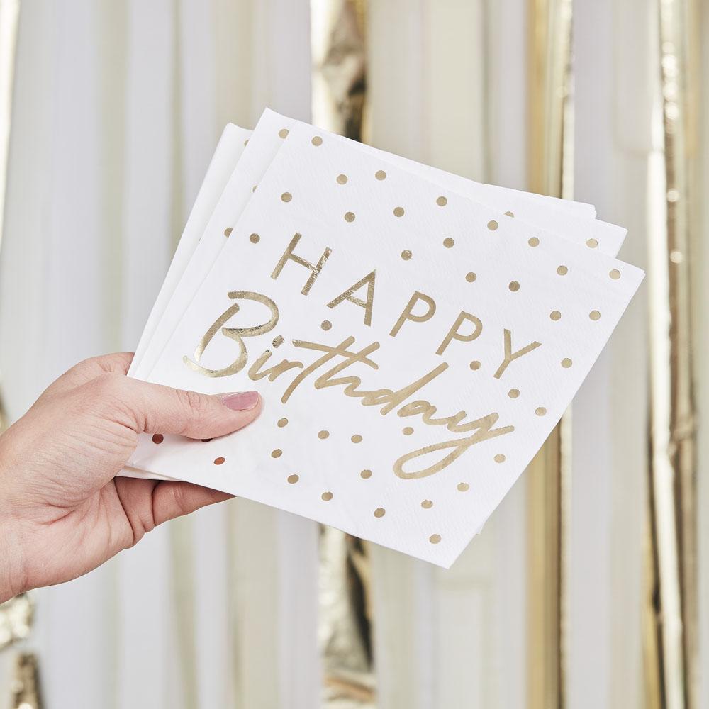 Gold Foiled Happy Birthday Napkins (x16) Metallic Gold