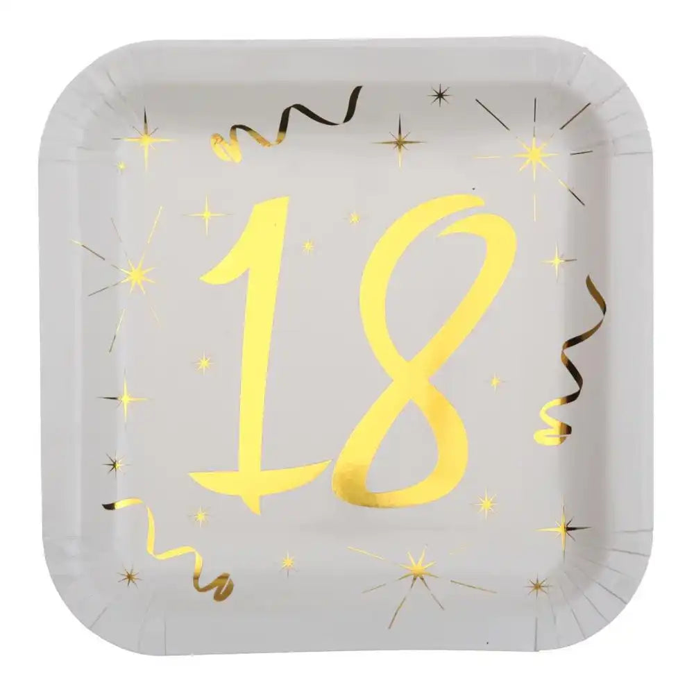 18th Birthday White & Gold Sparkle Plates (x10) Milestone