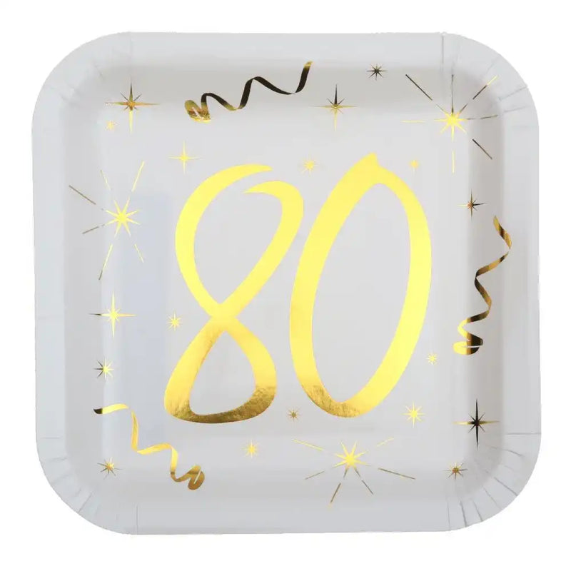 80th Birthday White & Gold Sparkle Plates (x10) Milestone