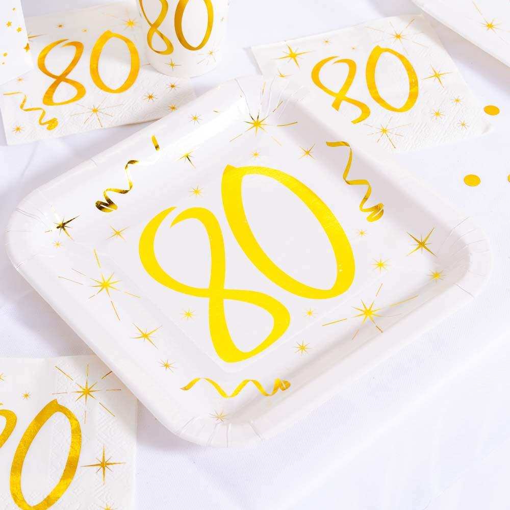 80th Birthday White & Gold Sparkle Plates (x10) Milestone