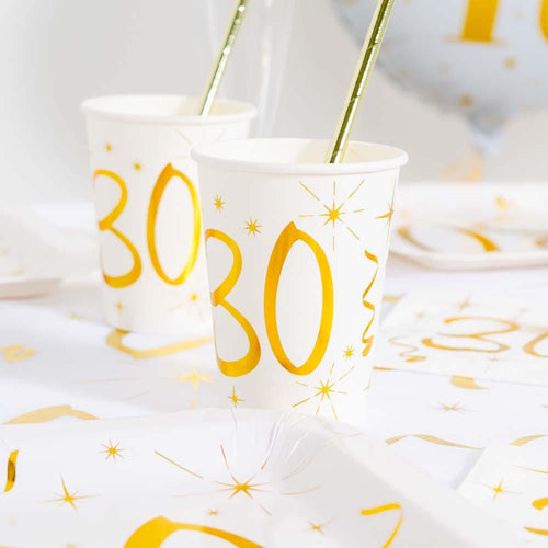 30th Birthday White & Gold Sparkle Cups (x10)
