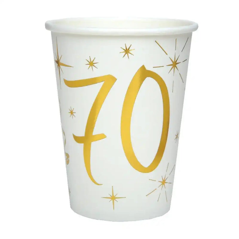 70th Birthday White & Gold Sparkle Cups (x10) Milestone