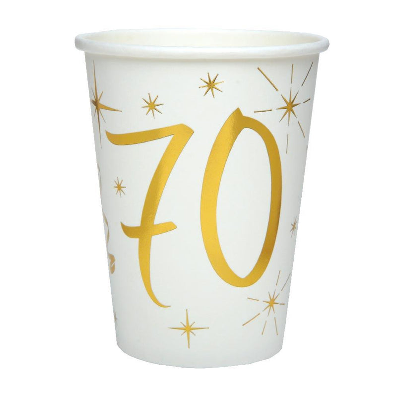 70th Birthday White & Gold Sparkle Cups (x10)