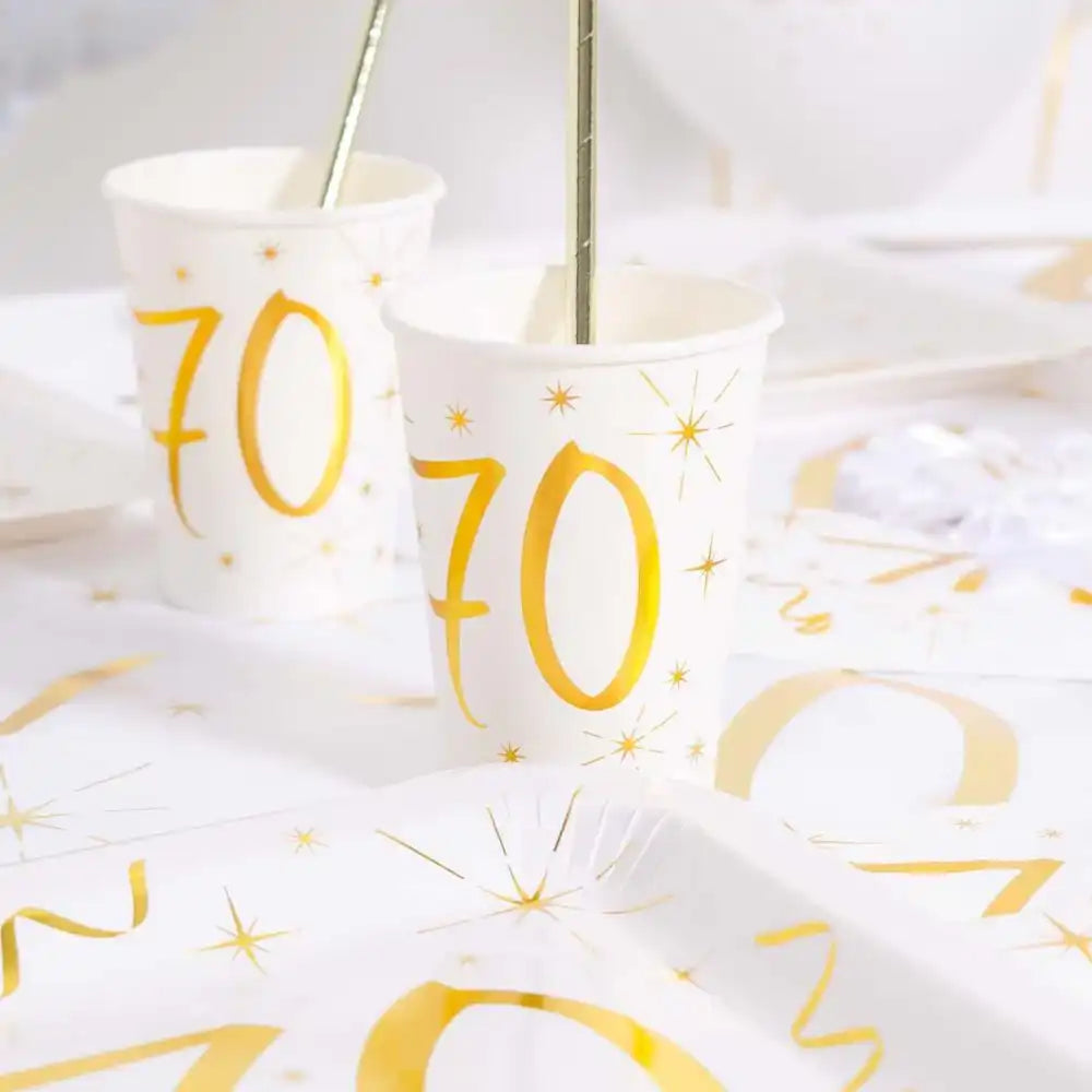 70th Birthday White & Gold Sparkle Cups (x10) Milestone