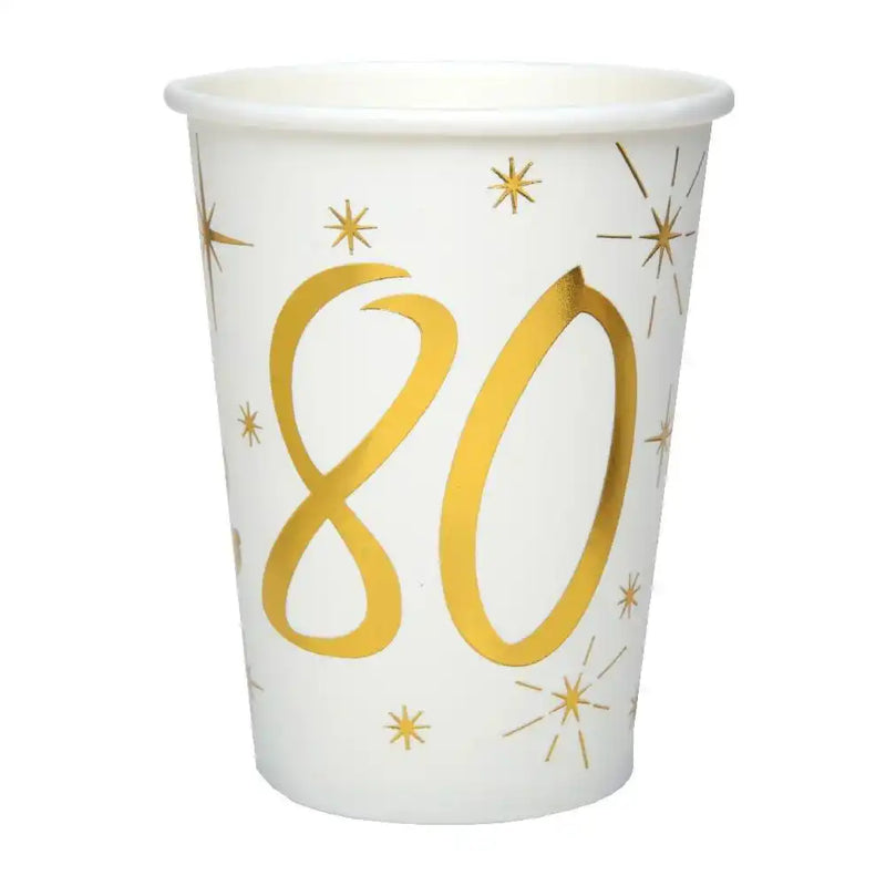 80th Birthday White & Gold Sparkle Cups (x10) Milestone