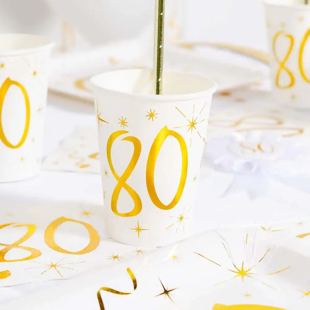 80th Birthday White & Gold Sparkle Cups (x10) Milestone
