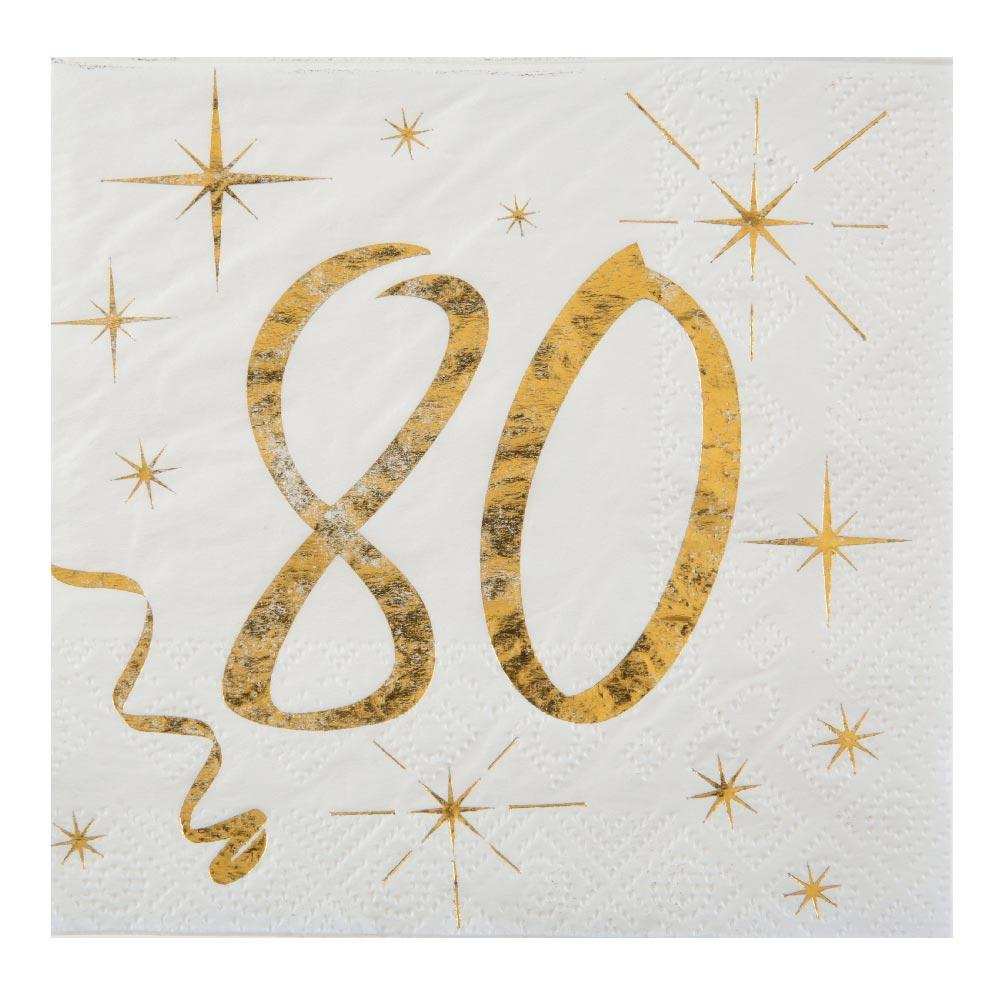 80th Birthday White & Gold Sparkle Napkins (x20) Milestone