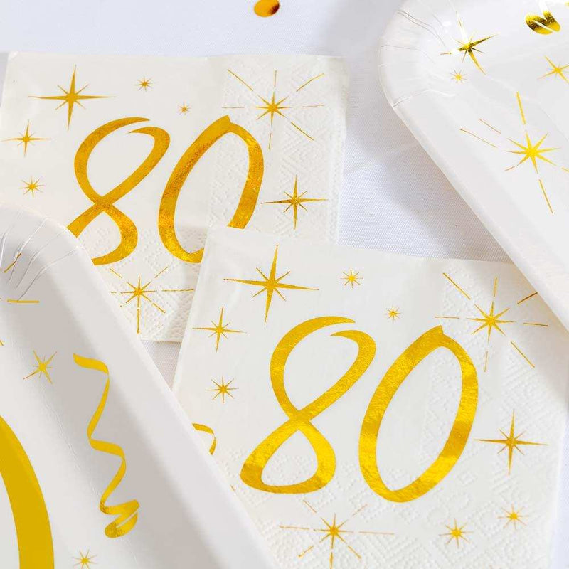 80th Birthday White & Gold Sparkle Napkins (x20) Milestone