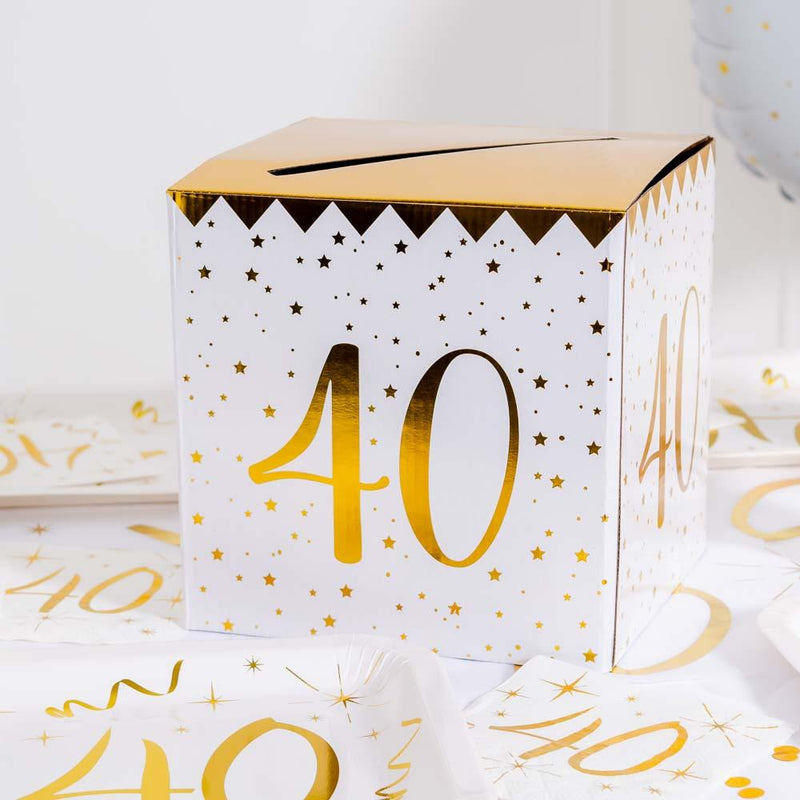 40th Birthday White & Gold Sparkle Card Box
