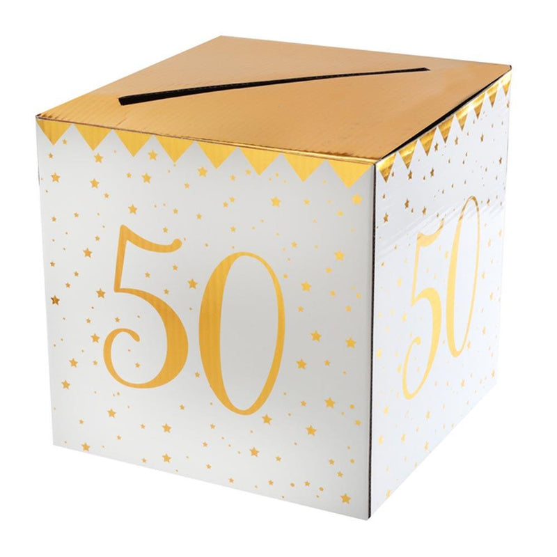 50th Birthday White & Gold Sparkle Card Box