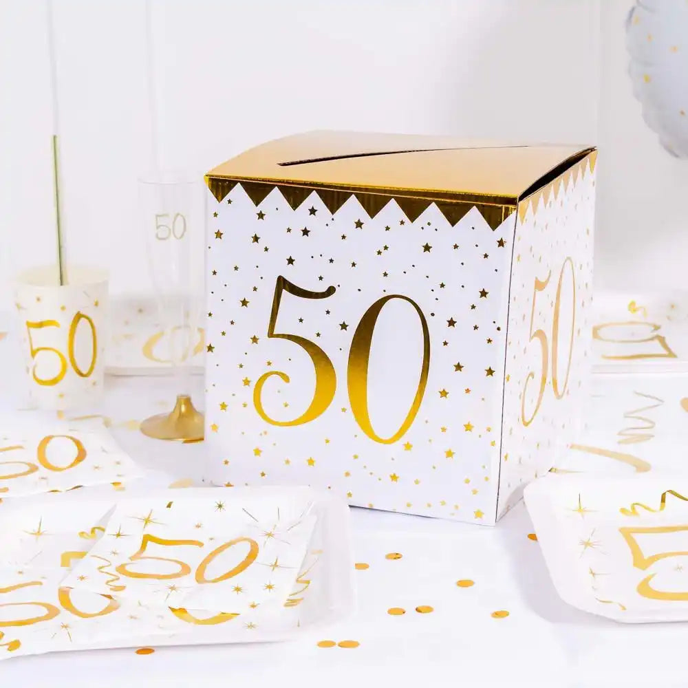 50th Birthday White & Gold Sparkle Card Box Milestone
