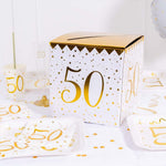 50th Birthday White & Gold Sparkle Card Box