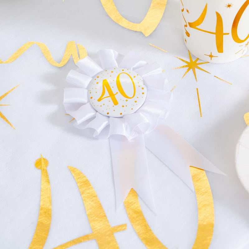40th Birthday White & Gold Sparkle Rosette