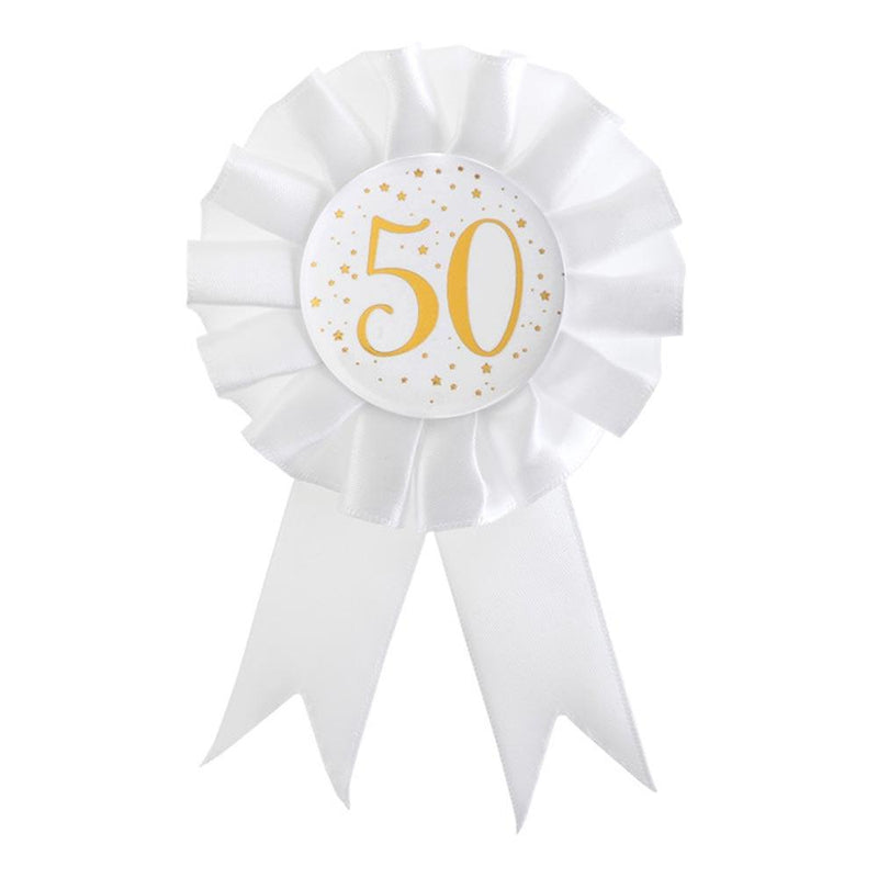 50th Birthday White & Gold Sparkle Rosette