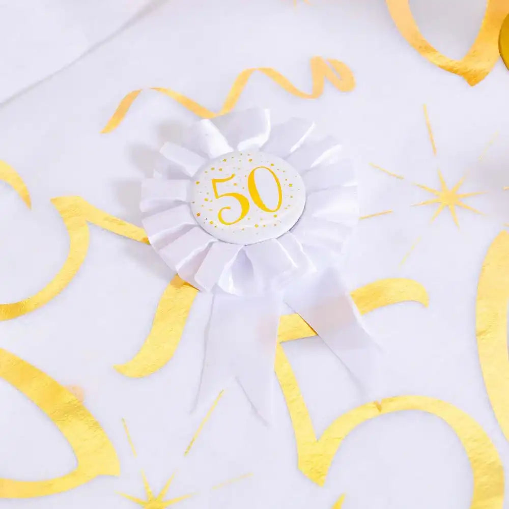 50th Birthday White & Gold Sparkle Rosette Milestone