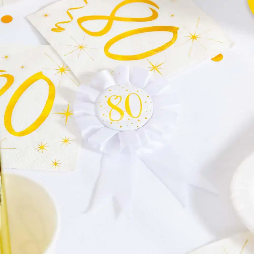 80th Birthday White & Gold Sparkle Rosette Milestone
