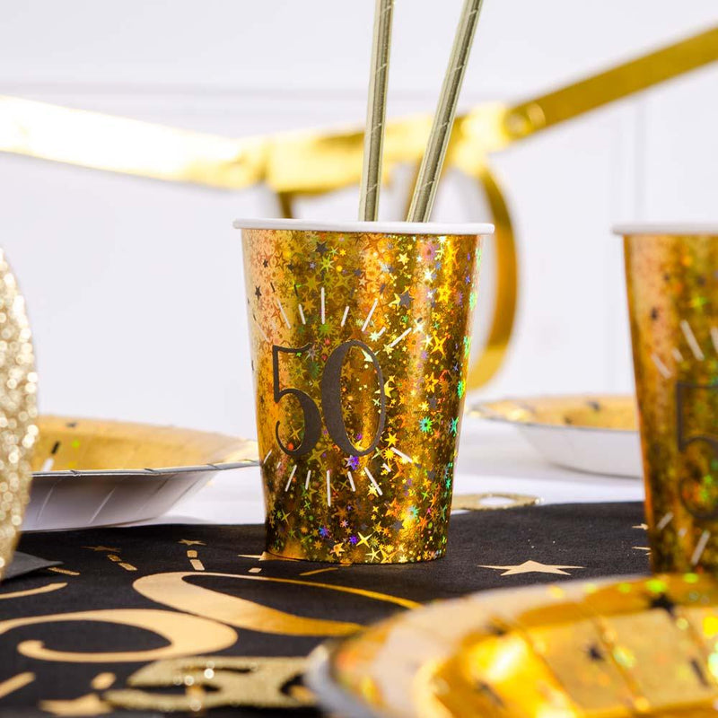 50th Birthday Black & Gold Sparkle Cups (x10)