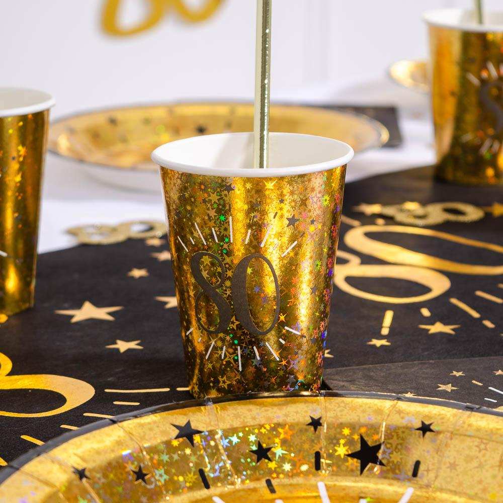 80th Birthday Black & Gold Sparkle Cups (x10) Milestone