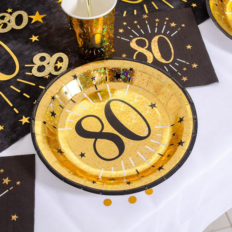 80th Birthday Black & Gold Sparkle Plate (x10)