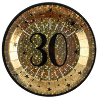 30th Birthday Black & Gold Sparkle Plates (x10) Milestone