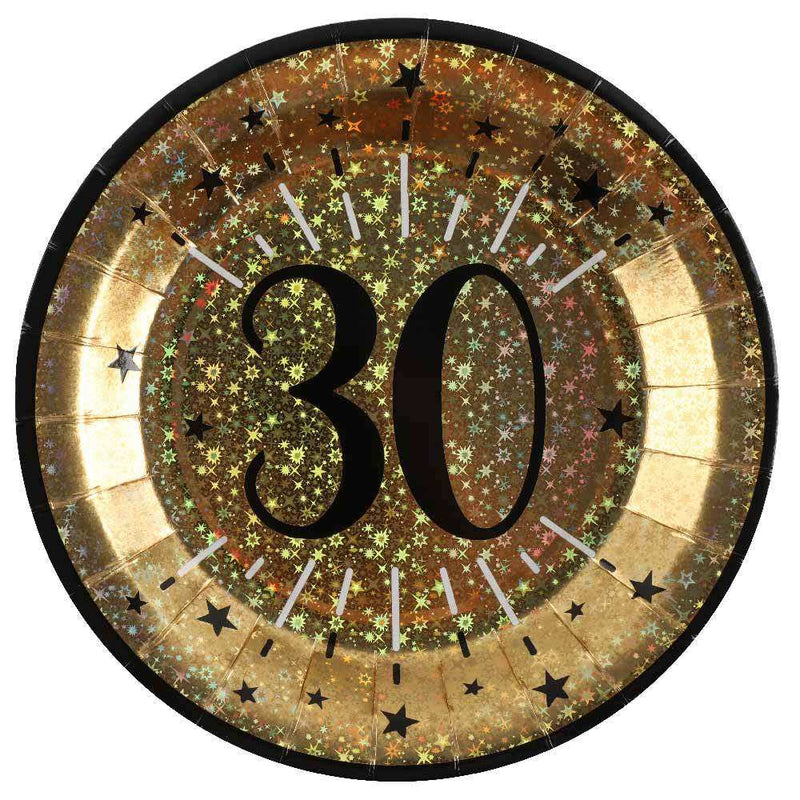 30th Birthday Black & Gold Sparkle Plates (x10) Milestone