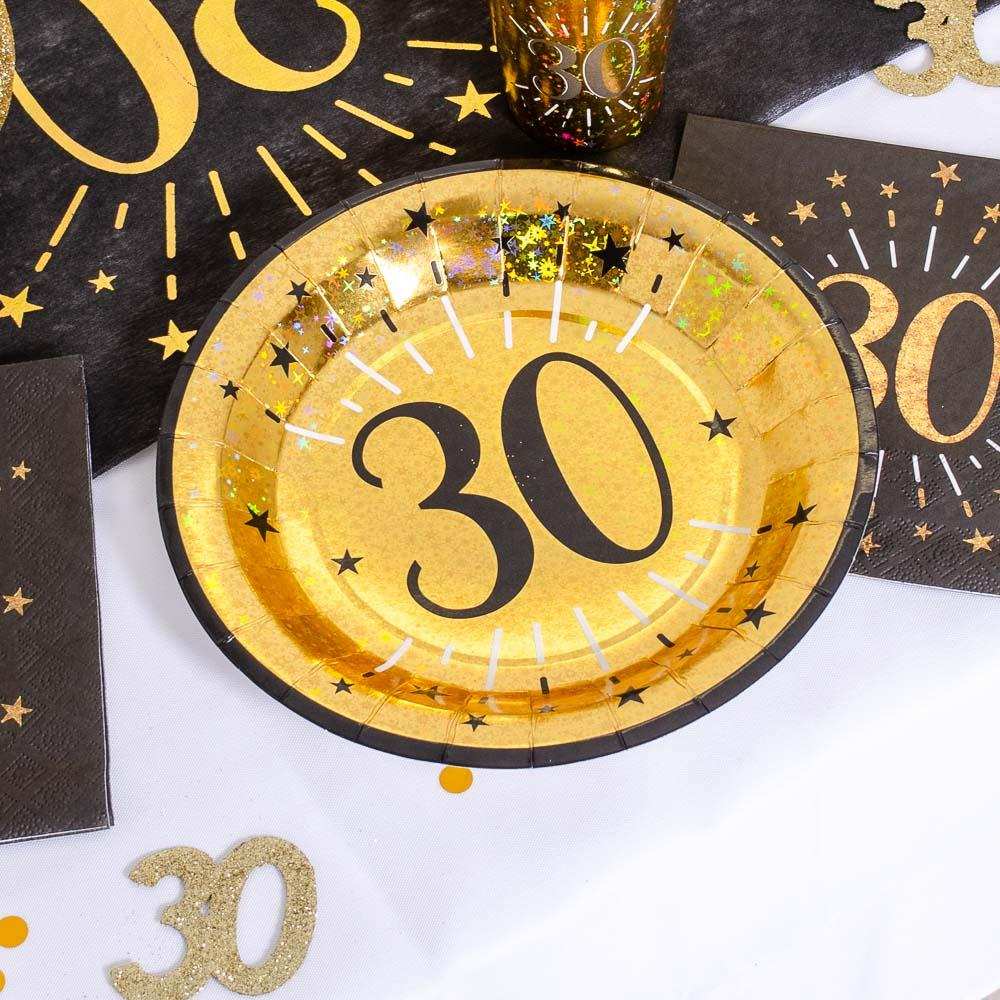 30th Birthday Black & Gold Sparkle Plates (x10) Milestone