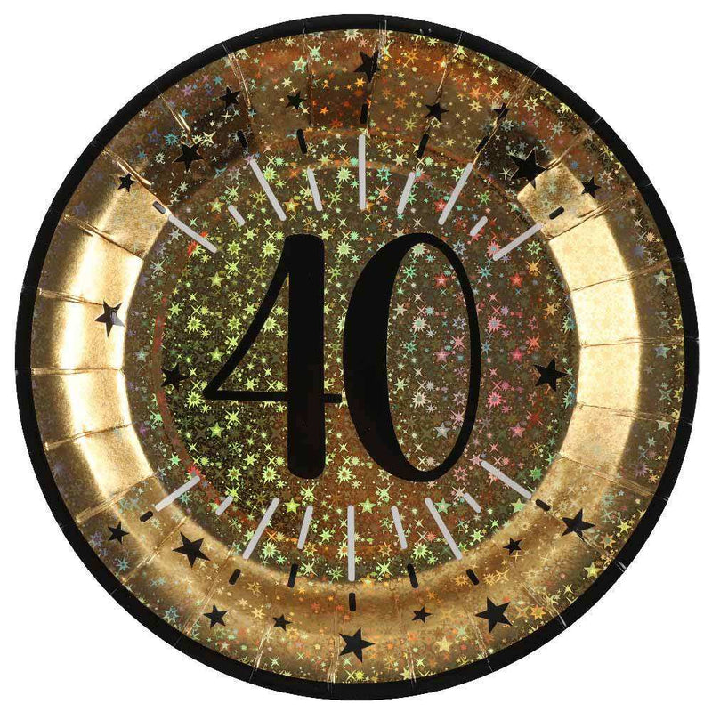 40th Birthday Black & Gold Sparkle Plates (x10) Milestone