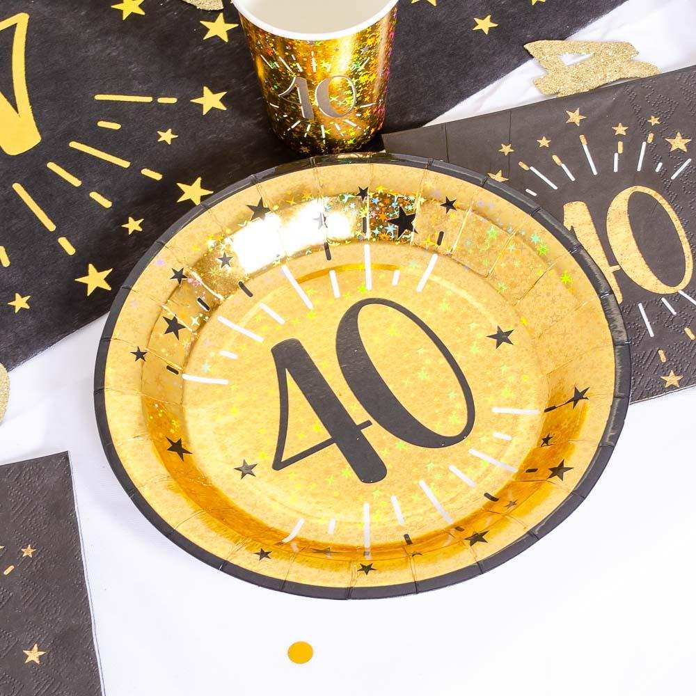 40th Birthday Black & Gold Sparkle Plates (x10) Milestone