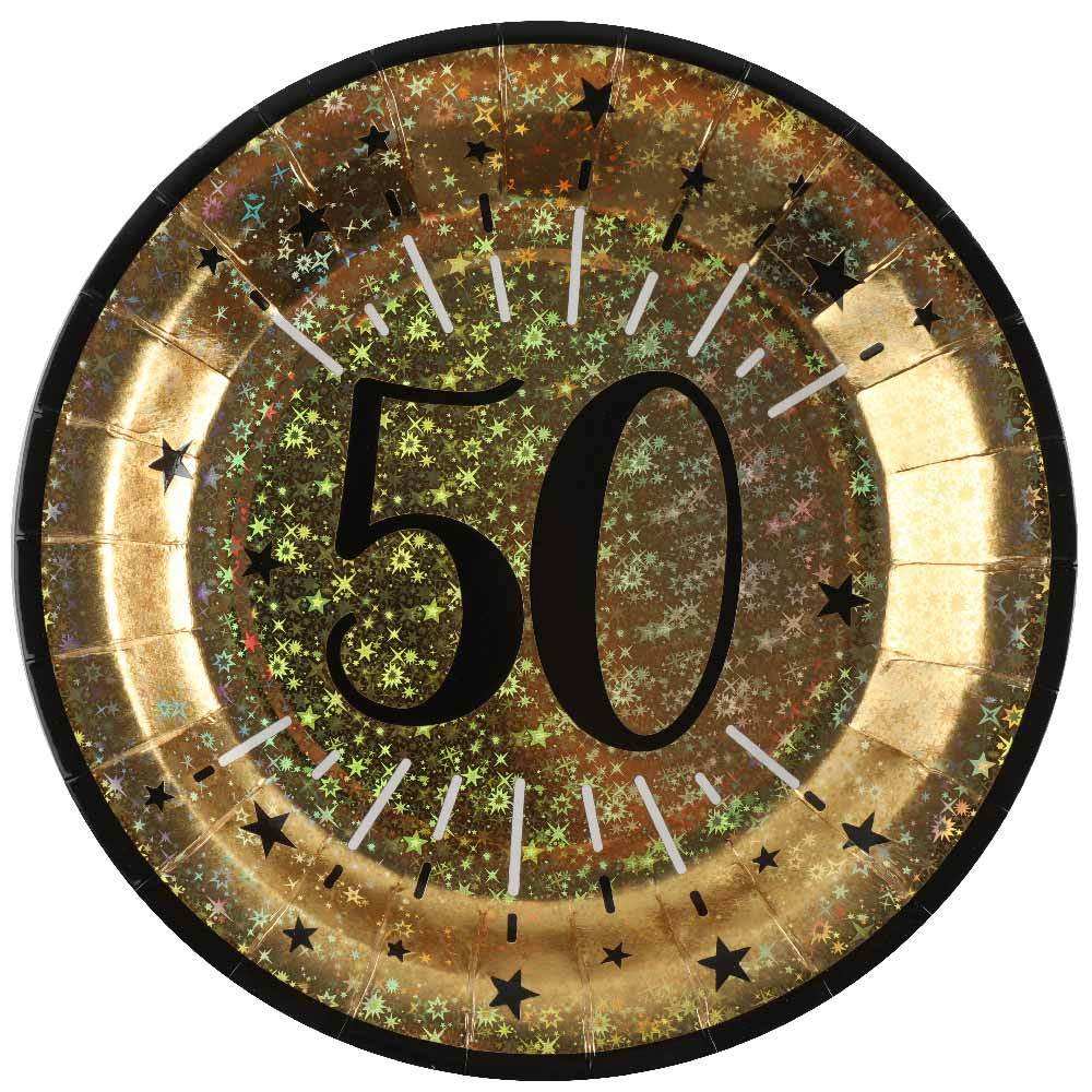 50th Birthday Black & Gold Sparkle Plates (x10) Milestone