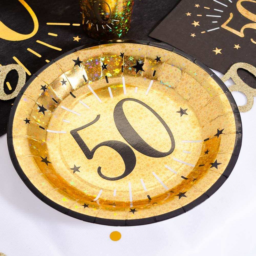 50th Birthday Black & Gold Sparkle Plates (x10) Milestone