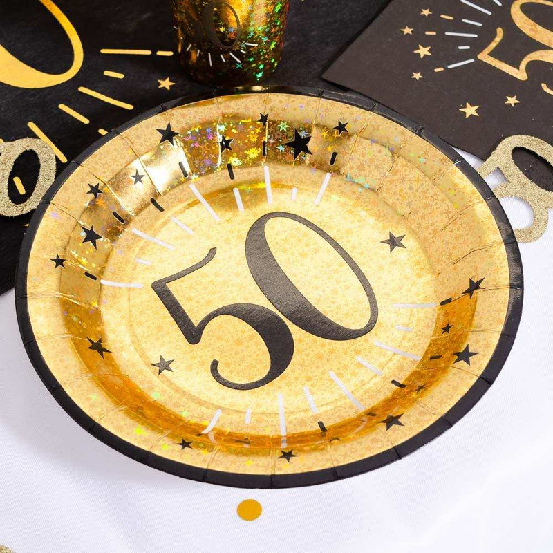 50th Birthday Black & Gold Sparkle Plates (x10) Milestone