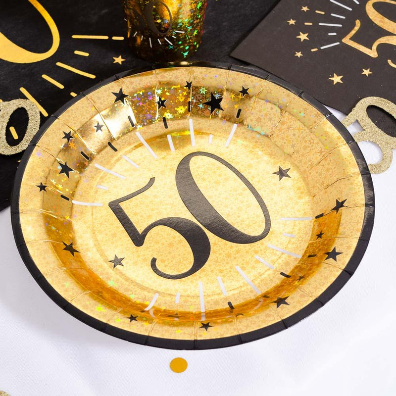50th Birthday Black & Gold Sparkle Plates (x10)