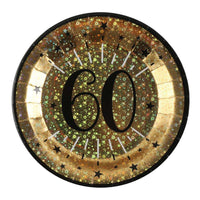 60th Birthday Black & Gold Sparkle Plates (x10) Milestone