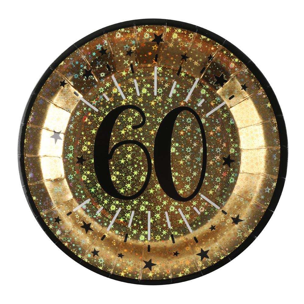 60th Birthday Black & Gold Sparkle Plates (x10) Milestone