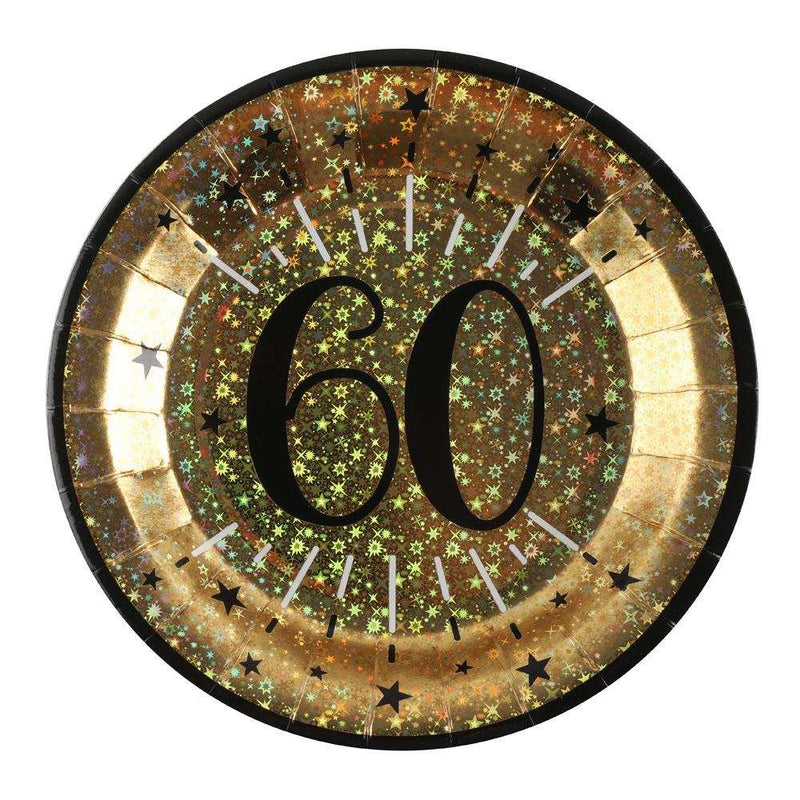 60th Birthday Black & Gold Sparkle Plates (x10) Milestone